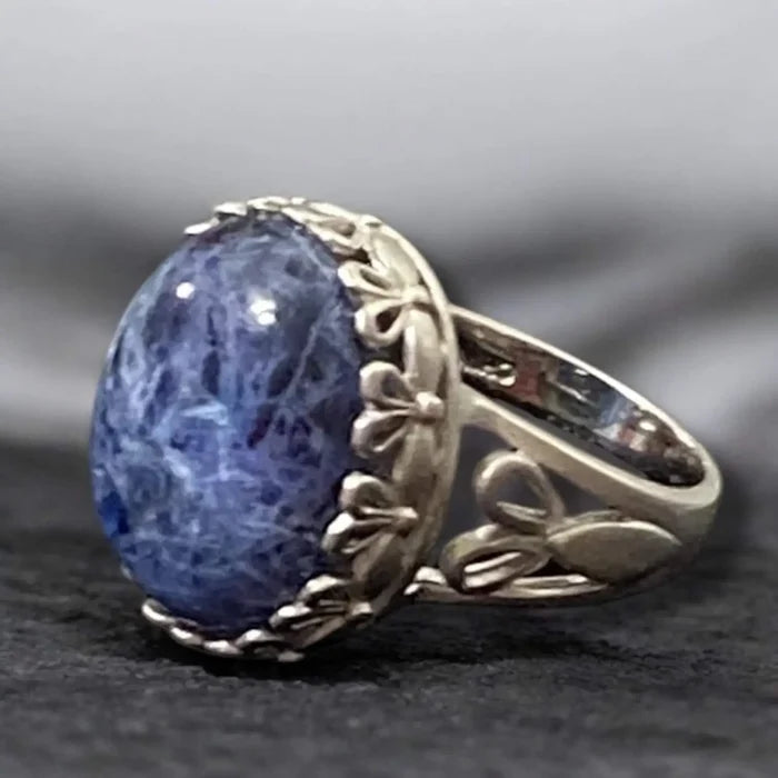Natural Sodalite Sterling Silver Ring with blue white oval cabochon and decorative handcrafted silver setting