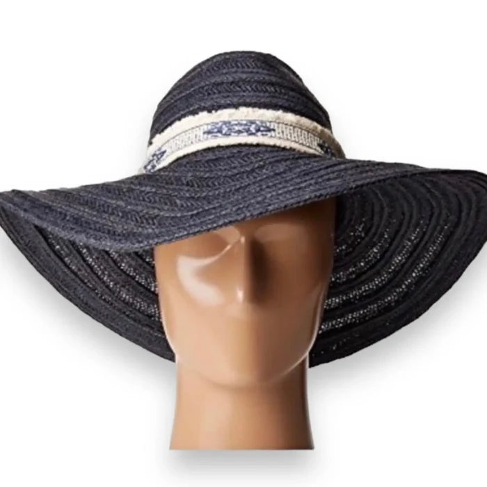 Navy blue wide brim straw sun hat with grosgrain ribbon band for summer beachwear and sun protection