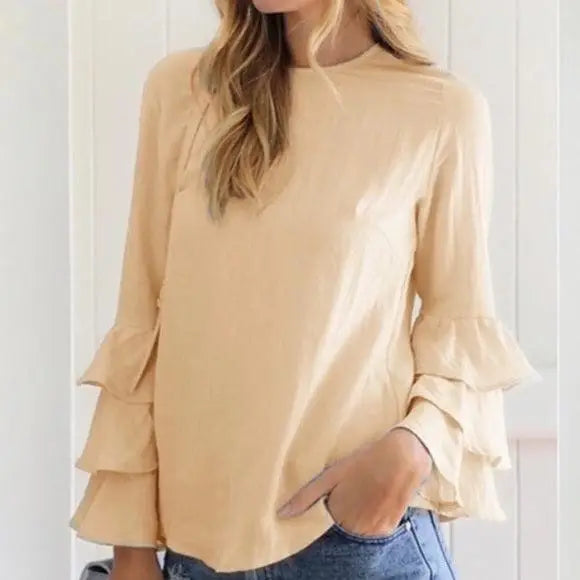 NEW Long Tier Flirty Sleeves Cream Full Neck Small - Wild Time Fashion