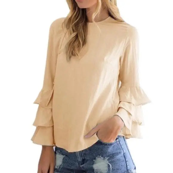 NEW Long Tier Flirty Sleeves Cream Full Neck Small - Wild Time Fashion
