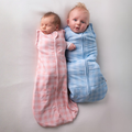Front view of Sleepybelly Newborn Swaddle Sack on two babies, cosy swaddle sleep sack designed for 0-3 month olds.