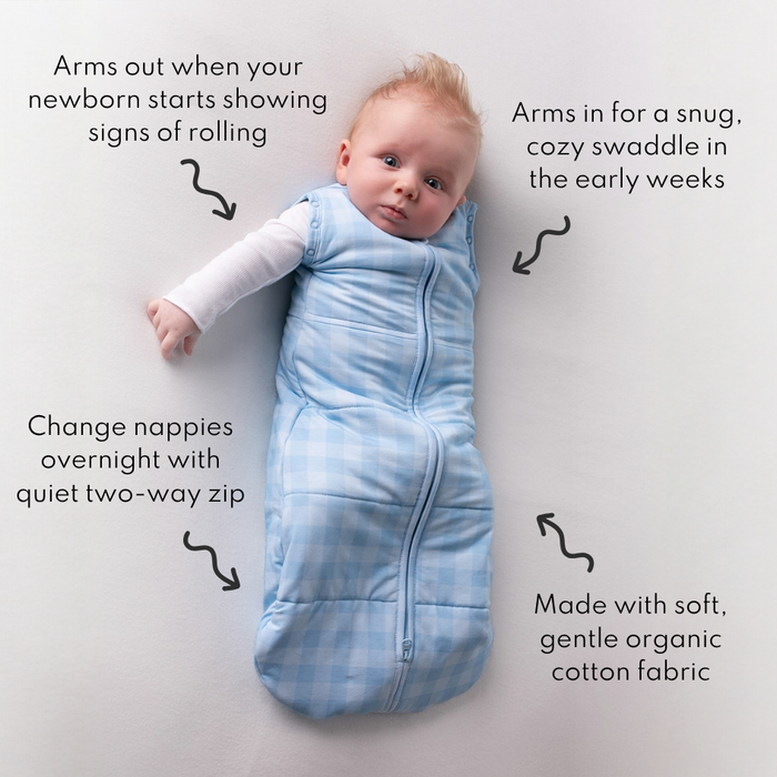 Demonstrating the swaddle to sleep bag transition feature with one arm out on the Sleepybelly transitional sleep sack.