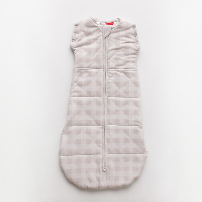 Linen grey gingham newborn swaddle sack laid flat showing the centre two-way zip
