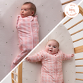 Newborn to Infant Sleep Sack Bundle tile: baby in pink gingham swaddle and sleep sack with save 10% badge