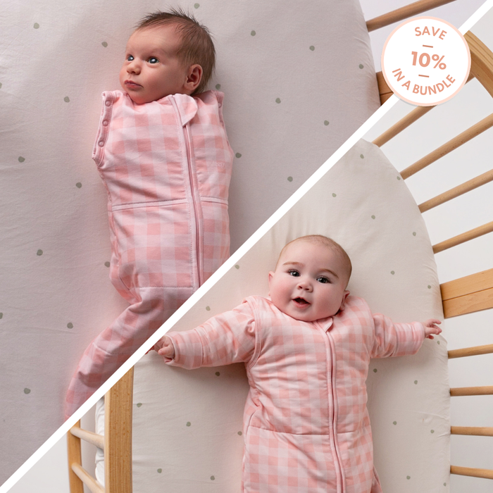 Newborn to Infant Sleep Sack Bundle tile: baby in pink gingham swaddle and sleep sack with save 10% badge