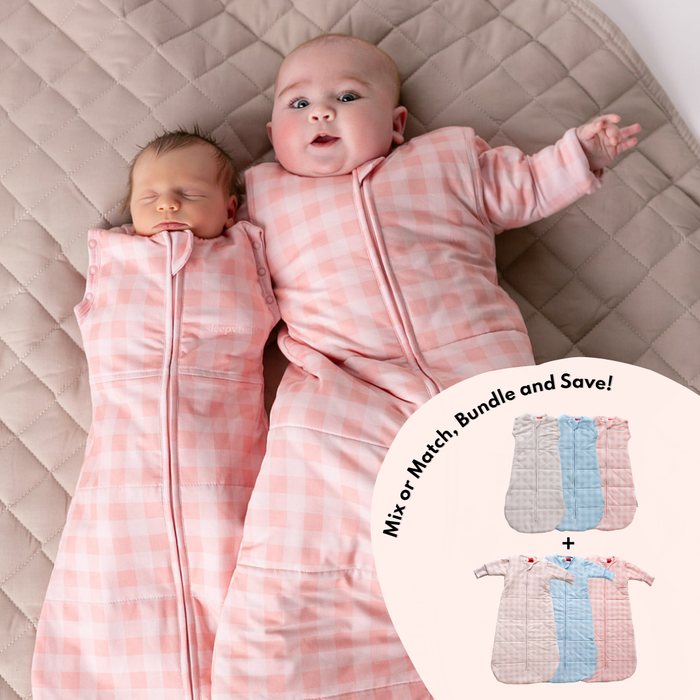 Two babies in pink gingham swaddle and sleep sack with mix or match, bundle and save callout