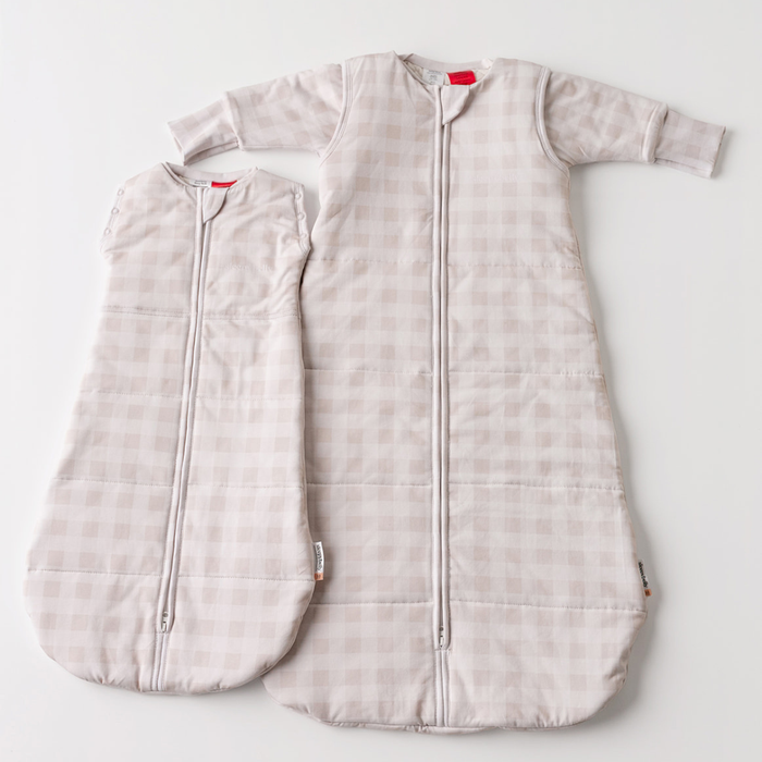 Linen grey gingham newborn swaddle sack and infant sleep sack laid flat — Newborn to Infant Sleep Sack Bundle