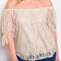 beige floral lace Off-Shoulder Bow Knot Sleeve Bardot Blouse plus size top