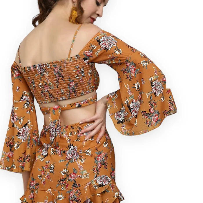 Floral Off-Shoulder Crop Top & Ruffle Mini Skirt Set