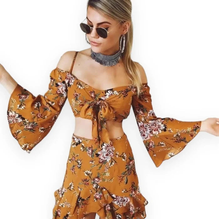 Floral Off-Shoulder Crop Top & Ruffle Mini Skirt Set