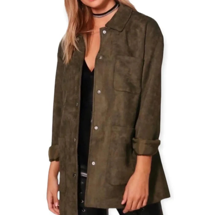 Olive Green Suede Mid Length Utility Jacket snap up front fold down collar Large