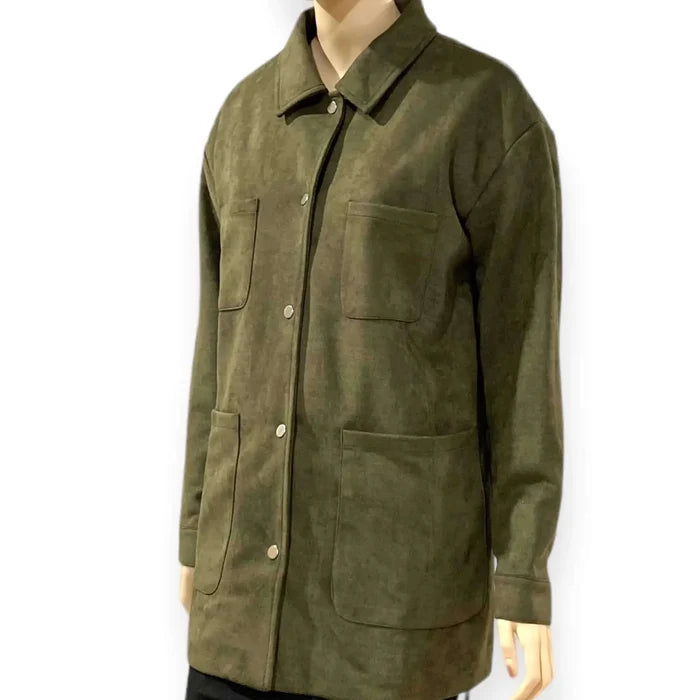 Olive Green Suede Mid Length Utility Jacket snap up front fold down collar Large