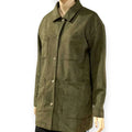 Olive Green Suede Mid Length Utility Jacket snap up front fold down collar Large
