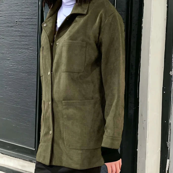 Olive Green Suede Mid Length Utility Jacket snap up front fold down collar Large