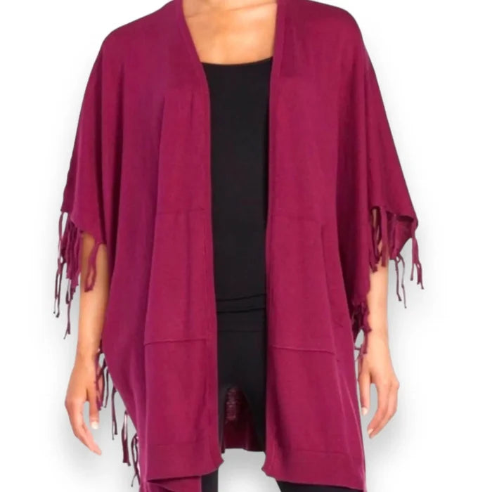 Merlot red knitted poncho with fringe trim and open front layering style