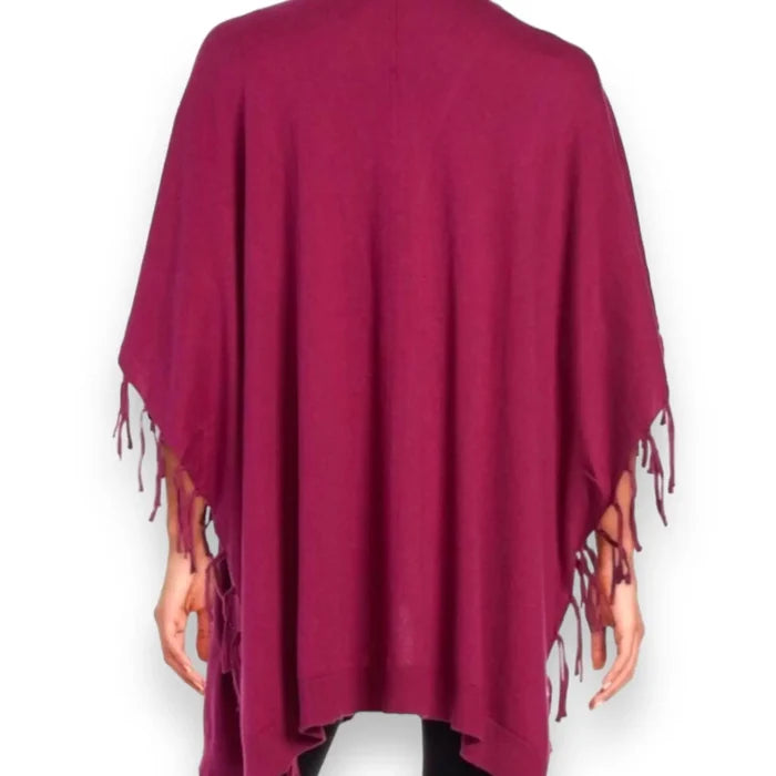 Asymmetric fringe trim detail on lightweight merlot boho poncho