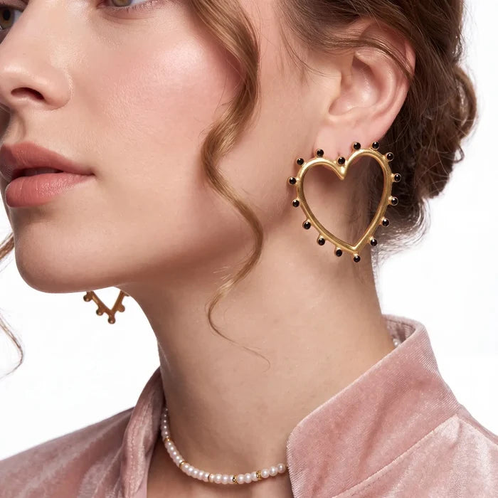 Open Gold Hearts Black Dots Stud Earrings - Open Heart Statement Earrings / Gold/Black / Adults - Women’s Earrings
