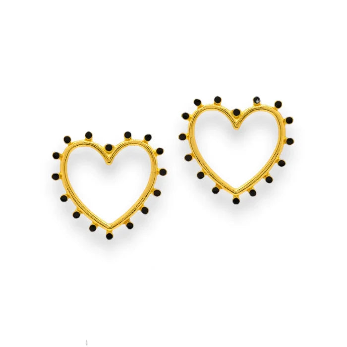 Open Gold Hearts Black Dots Stud Earrings - Open Heart Statement Earrings / Gold/Black / Adults - Women’s Earrings