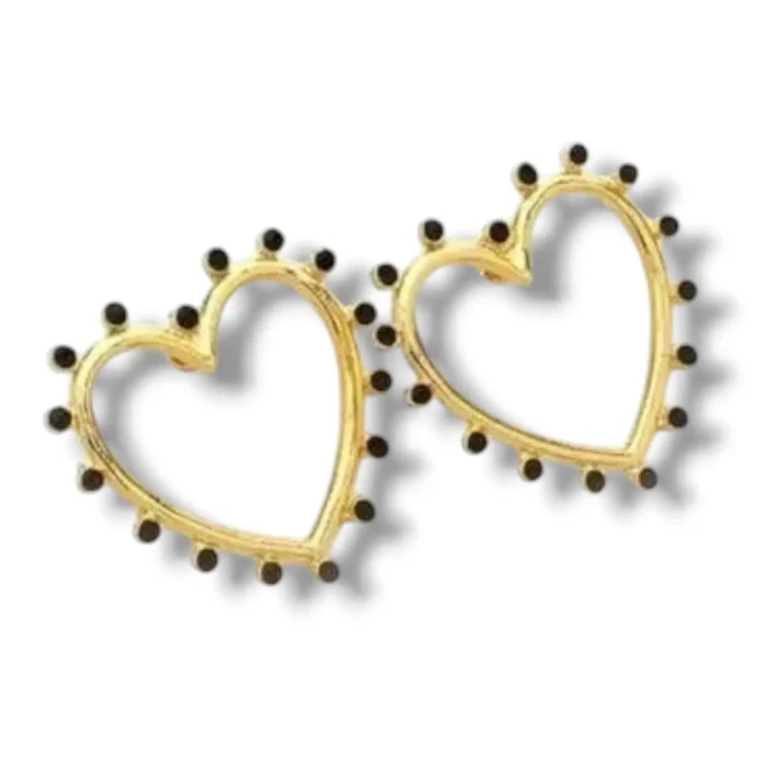 Open Gold Hearts Black Dots Stud Earrings - Open Heart Statement Earrings / Gold/Black / Adults - Women’s Earrings