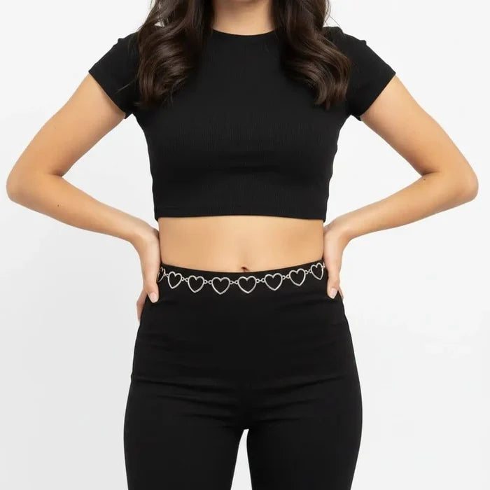 woman wearing black fitted outfit with silver Open Heart Belly Body Chain Belt adjustable  l/xl