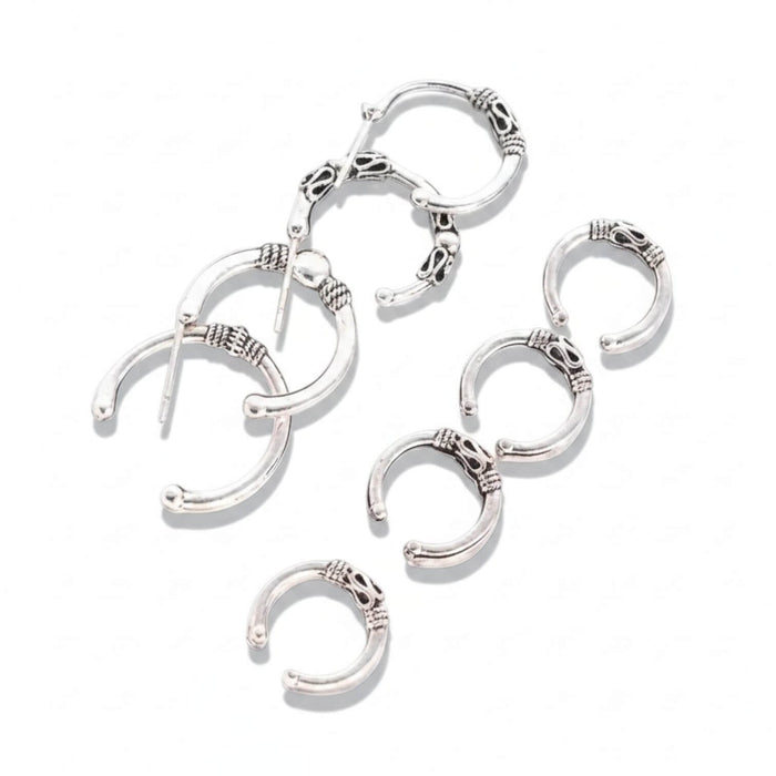 Ornate Silver Hoop & Ear Cuff Earring Set 8 pcs - One Size / Female / Adults - Women’s Earrings