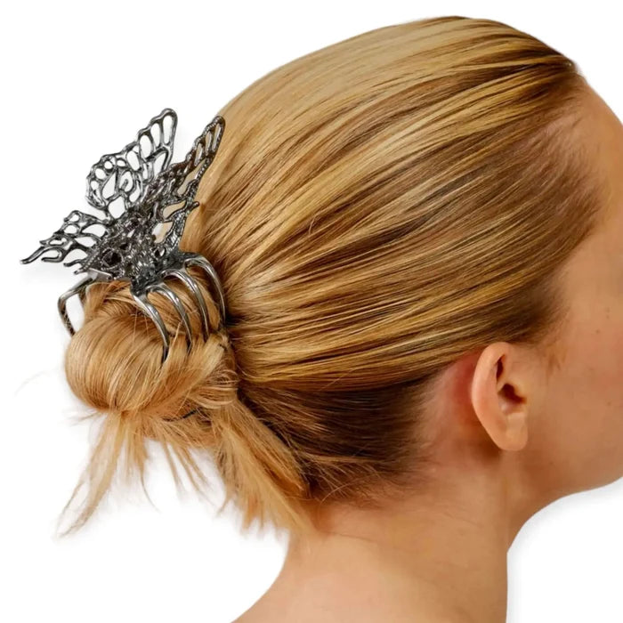 Oversized Black Butterfly Wings Hair Clips with hollow metal design and strong claw grip for goth and Y2K hairstyles