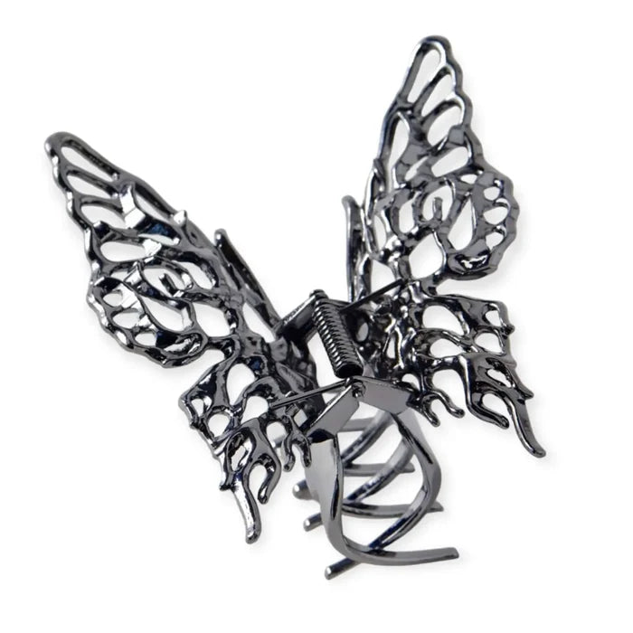 Oversized Black Butterfly Wings Hair Clips with hollow metal design and strong claw grip for goth and Y2K hairstyles