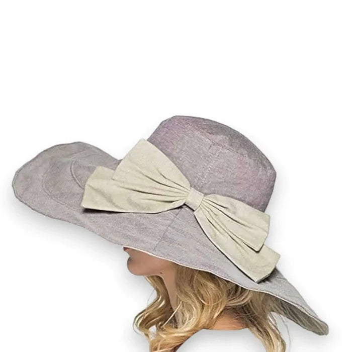 Women's Oversized Brim Cotton Reversible Sun Hat Purple khaki / one size / portable / chin strap /removable bow brooch