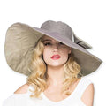 Women's Oversized Brim Cotton Reversible Sun Hat Purple khaki / one size / portable / chin strap /removable bow brooch