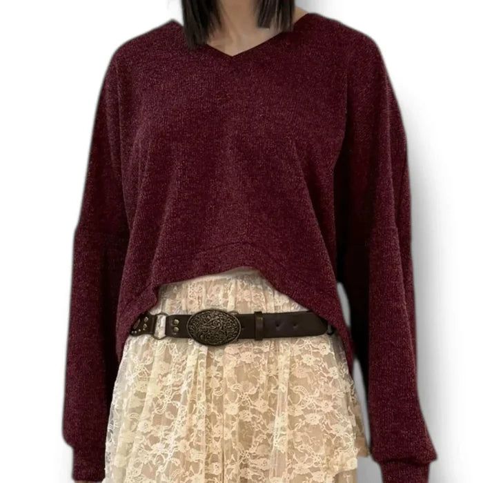 Oversized burgundy v-neck fuzzy chenille sweater with rib-knit cuffs and hem, relaxed fit long sleeve cozy knit top