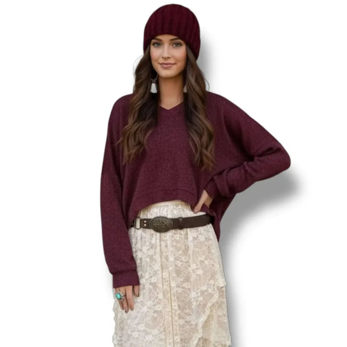 Oversized burgundy v-neck fuzzy chenille sweater with rib-knit cuffs and hem, relaxed fit long sleeve cozy knit top