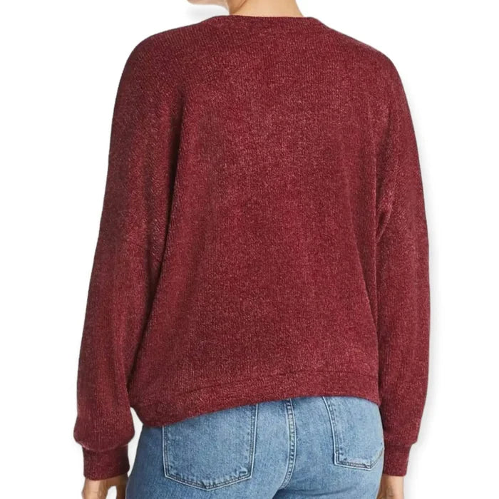 Oversized burgundy v-neck fuzzy chenille sweater with rib-knit cuffs and hem, relaxed fit long sleeve cozy knit top