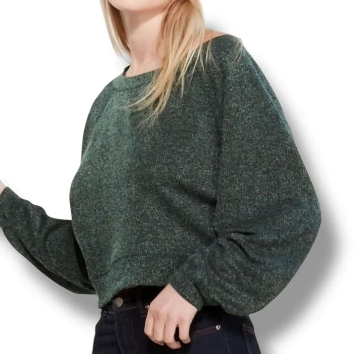Forest green marl fuzzy pullover sweater oversized fit, rib trim neckline close-up