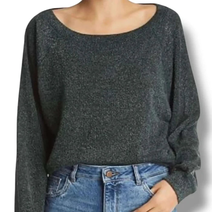 Oversized forest green fuzzy sweater, boatneck, cropped length, Band of Gypsies front view