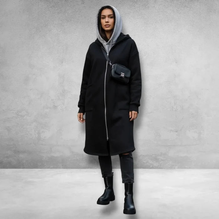 Oversized Longline Zip-Up Hoodie Jacket in black with double-zip front / unisex/ plus size
