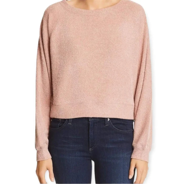 Oversized pink mauve fuzzy sweater, boatneck, cropped length, Band of Gypsies front view