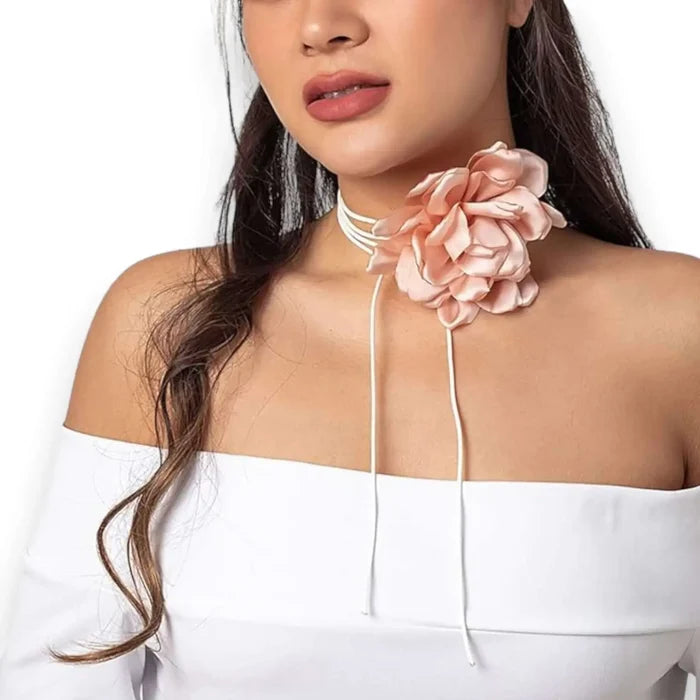 Women 's Oversized Satin Flower Wrap Choker Necklace with long ties and romantic bloom / pink / one size