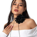Women 's Oversized Satin Flower Wrap Choker Necklace with long ties and romantic bloom / Black / one size