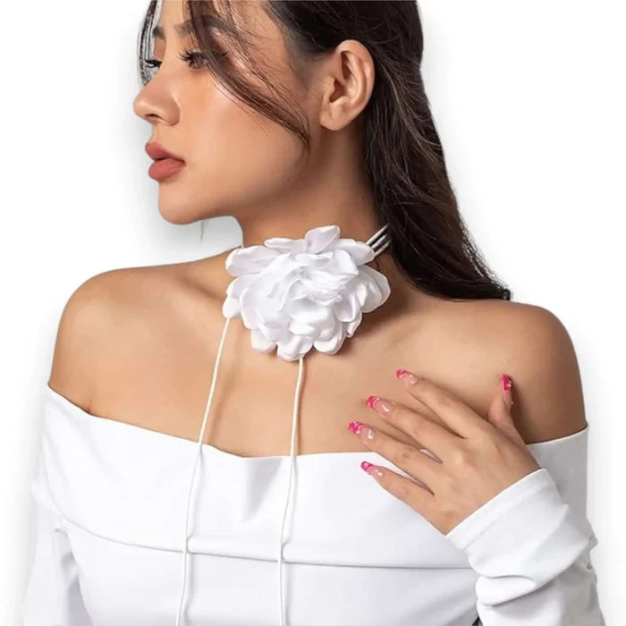 Women 's Oversized Satin Flower Wrap Choker Necklace with long ties and romantic bloom / White / one size