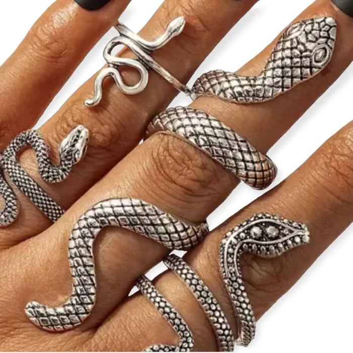 woman wearing middle finger Oversized Silver Crawling Snake Wrap Ring with textured serpent detail size 8