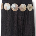 on black skirt Oversized Silver Floral Concho Chain Belt with nine engraved round links