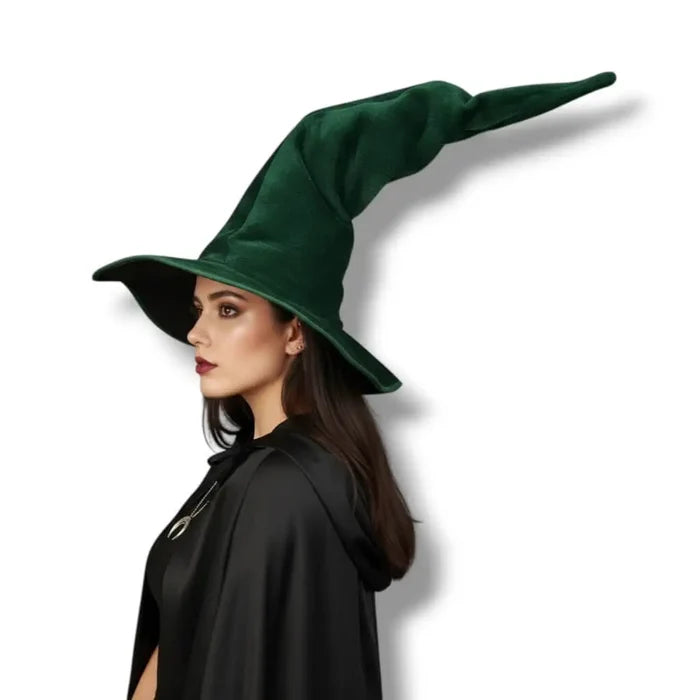 Oversized Tall Wide Wicked Witch Hat in black or green velvet with adjustable extra tall crown wide brim
