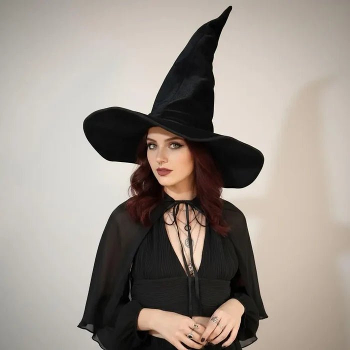 Oversized Tall Wide Wicked Witch Hat in black or green velvet with adjustable extra tall crown wide brim
