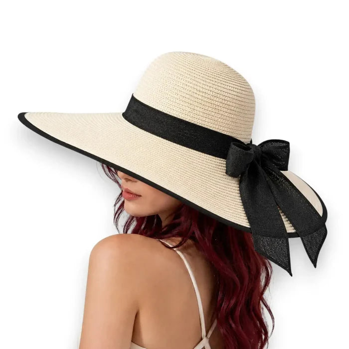 Cream white Oversized Wide Linen Bow Straw Hat sun protection