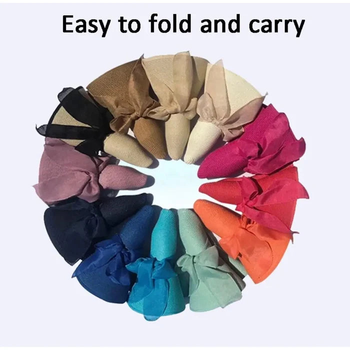 Oversized Linen Bow Straw Hat in a variety of colors, showcasing easy to fold and carry design for summer elegance.
