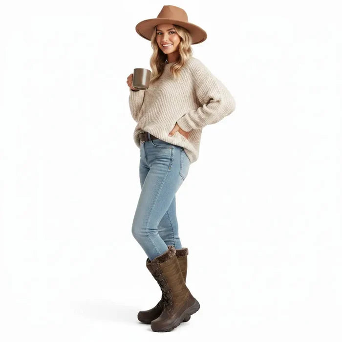 Model wearing Pacific Mountain Brown Quilted Fur Tall Winter Boots with faux fur trim, lace-up front, and rugged snow sole