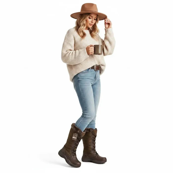 Women wearing Pacific Mountain Brown Quilted Fur Tall Winter Boots with faux fur trim, lace-up front, and rugged snow sole