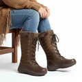 Pacific Mountain Brown Quilted Fur Tall Winter Boots with faux fur trim, lace-up front, and rugged snow sole 7.5