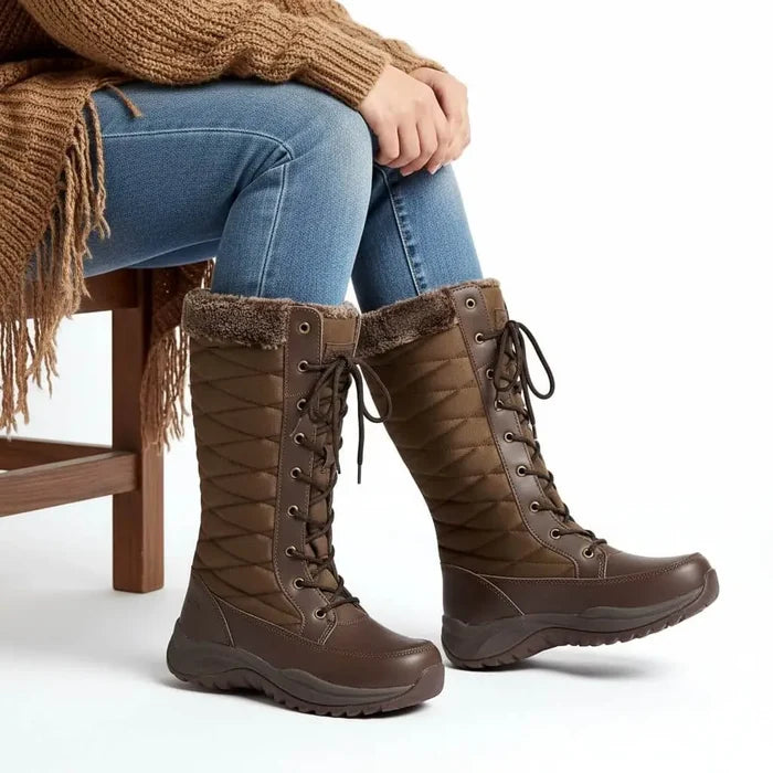 Pacific Mountain Brown Quilted Fur Tall Winter Boots with faux fur trim, lace-up front, and rugged snow sole 7.5