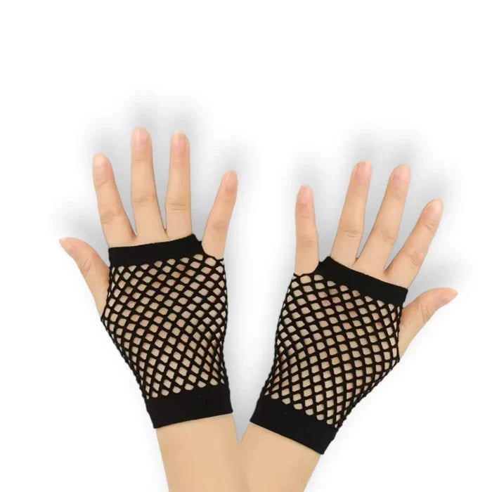 Party Neon Short Mesh Gloves fishnet black wrist coverage